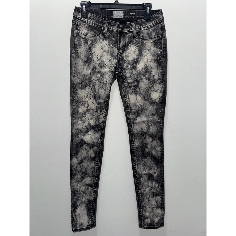 ReRock Express Womens 6 Acid Wash Rhinestone Skinny Jeans Y2K Embellished Black